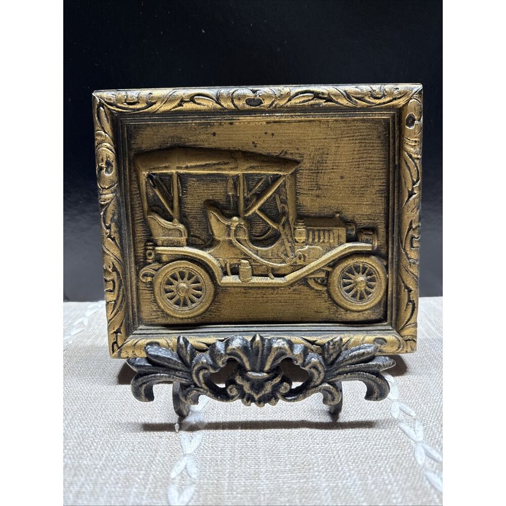 Vintage Plaster Antique Cars 3D Wall Plaque Art Chalkware
